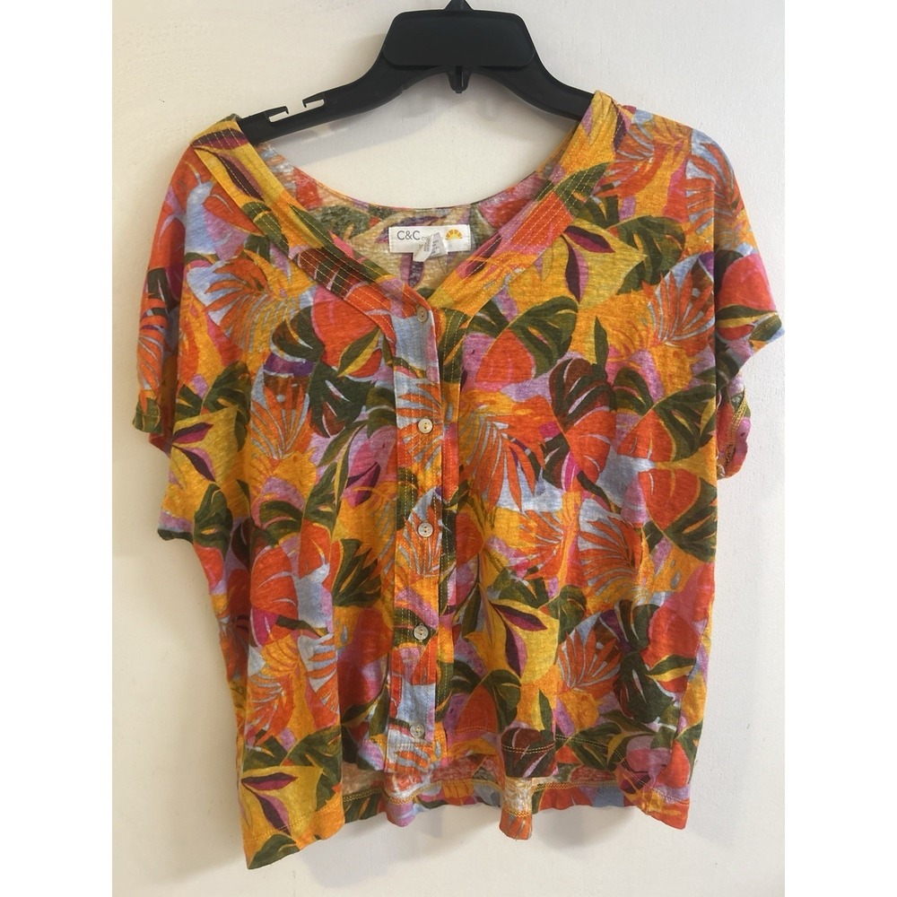 C&C California Women's XL Floral Blouse, Short Sleeve, Linen Multicolor